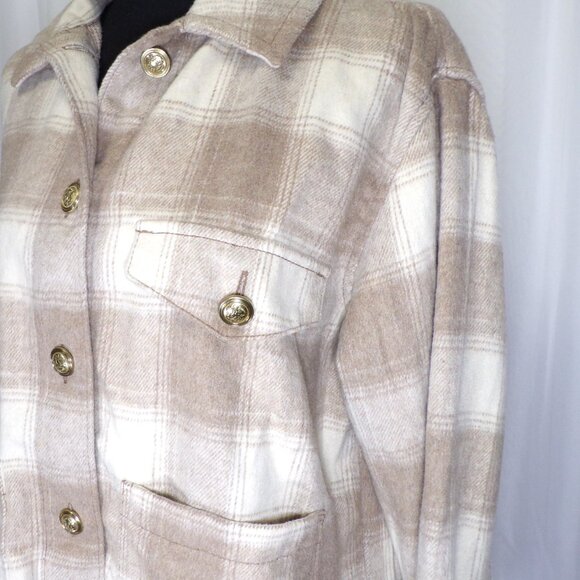 AEO American Eagle Fleece Plaid Shacket Womens SM Tan White Oversized Jacket - Picture 5 of 12